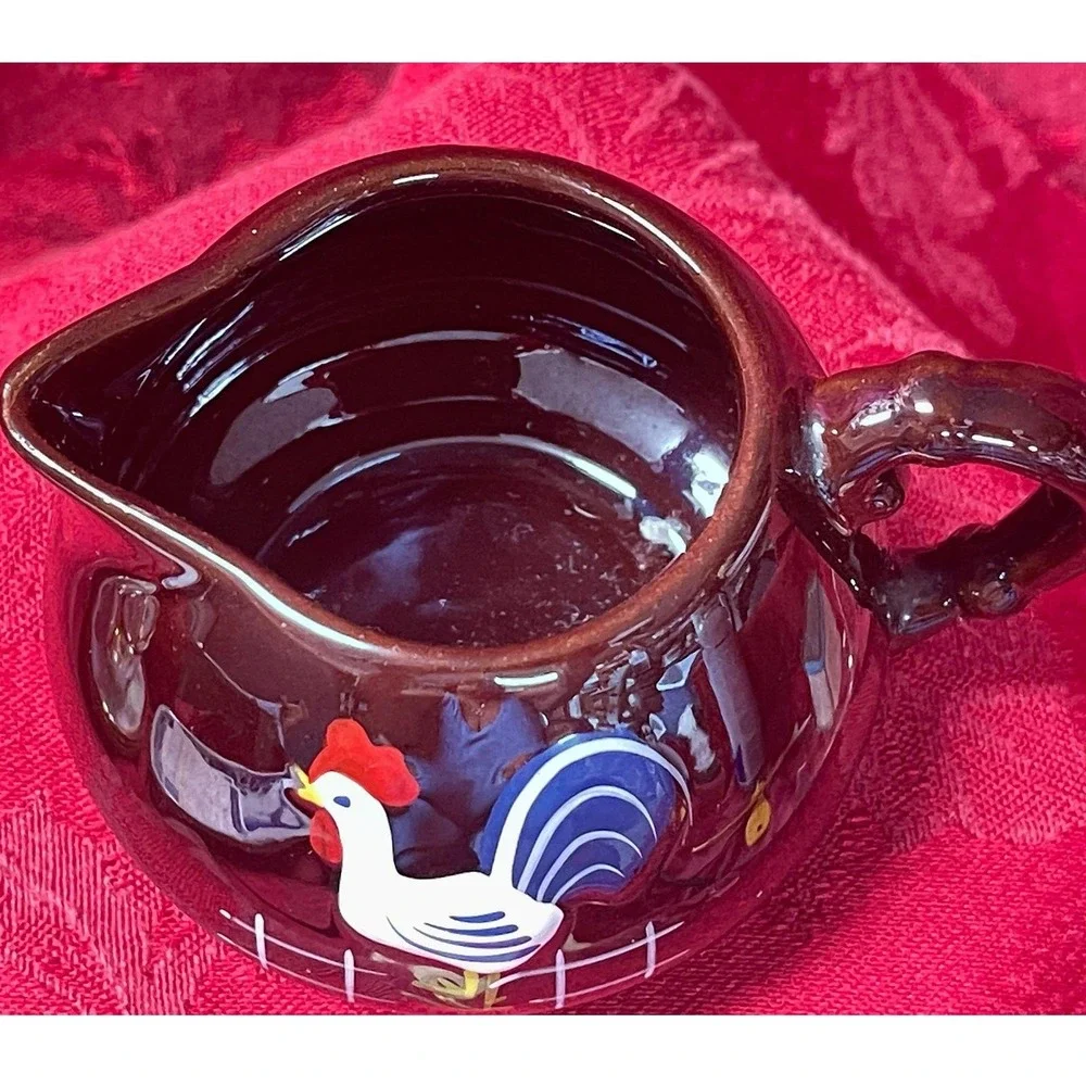 Japanese Red-ware Lusterware Mini Jug Creamer Hand Painted Rooster Made in Japan
